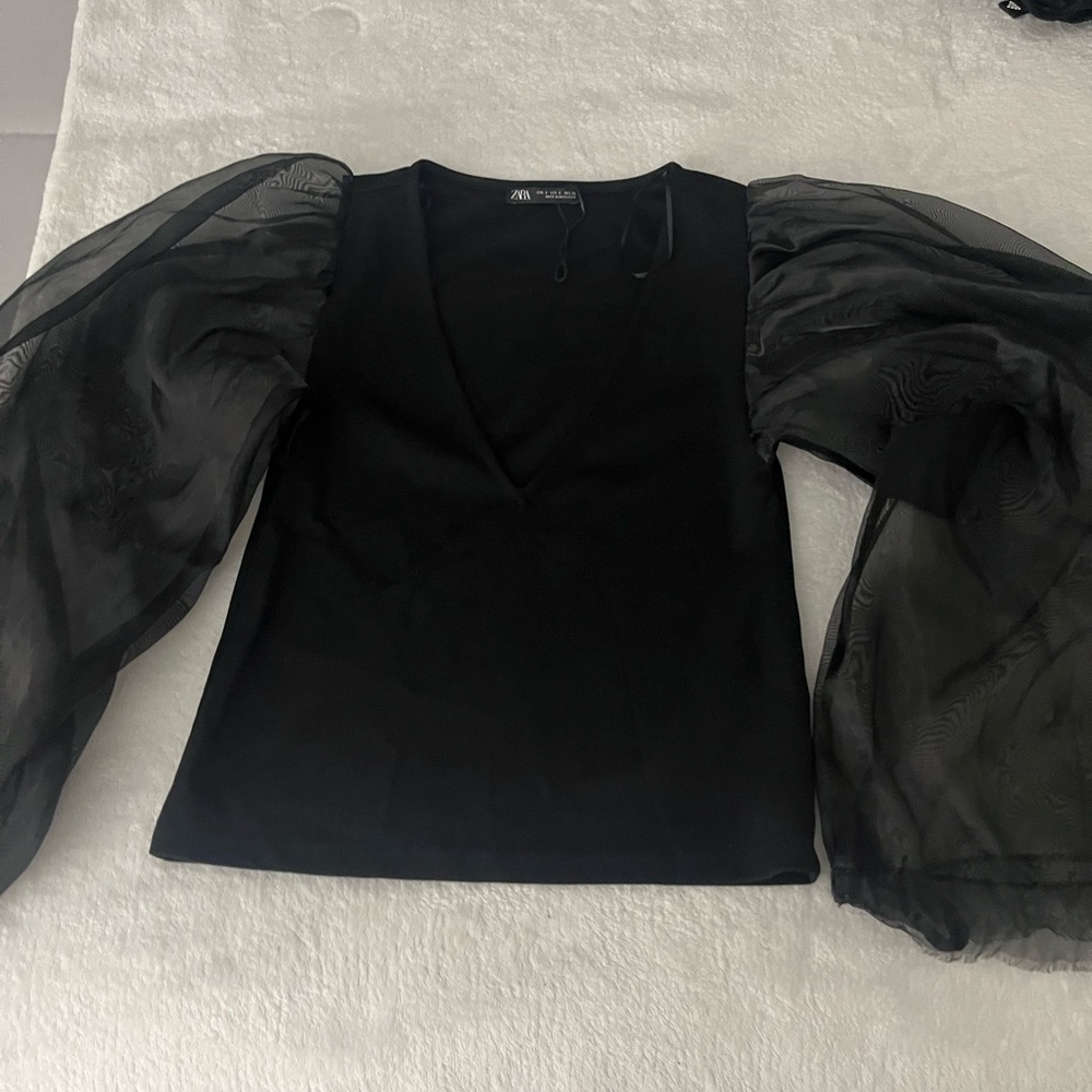Zara Black Blouse with Sheer Puff Sleeves